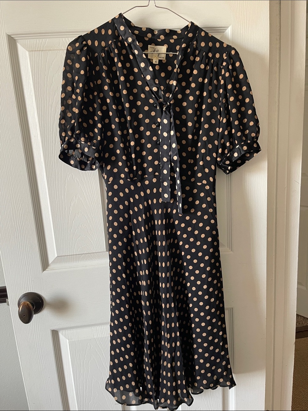 Vintage Milly Black Dress with Beige Polka Dots and Tie Neck size 4